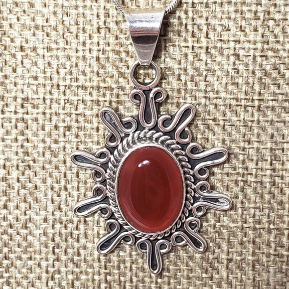 CII Mexico Silver 925 Carnelian Brown Natural Gemstone Large Sunburst Pendant - Picture 4 of 9